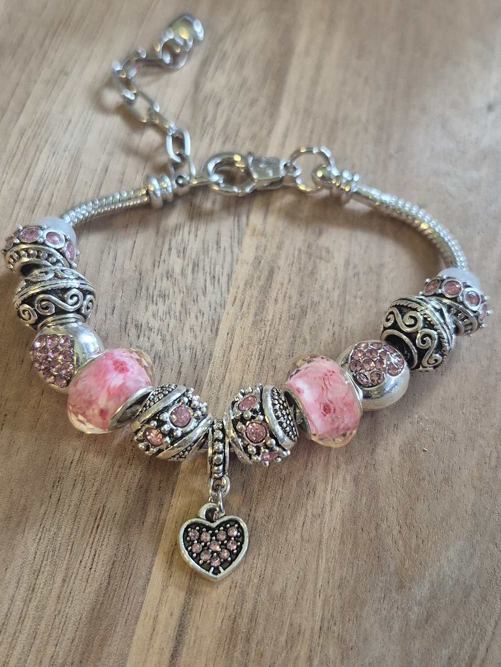 Sterling-Style Pink Bead Bracelet with Heart Charm